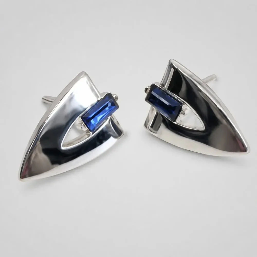Swank‎ Cuff Links Silver Arrow with Blue Rhinestones- Mid-century Gift cl-